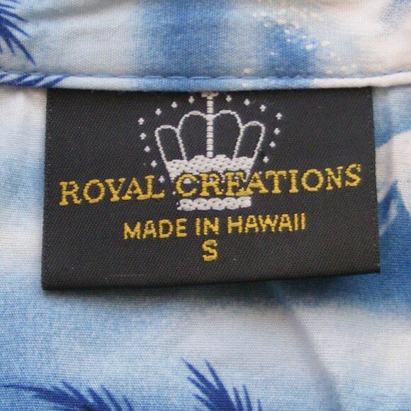 ROYAL CREATIONS Hawaiian Shirt, S, Blue/White, Sea View, outriggers, Tikis - Picture 8 of 9